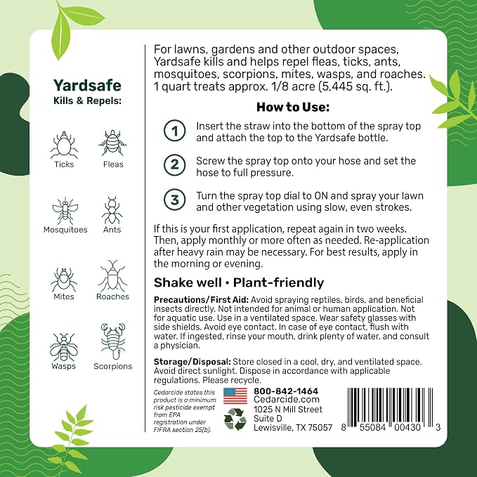 Cedarcide YardSafe | Kills & Repels Mosquitoes, Ticks, Fleas, Mites & More with Natural Essential Oils | Family & Pet-Safe | Eco-Friendly | 1 Quart (32 Oz.)