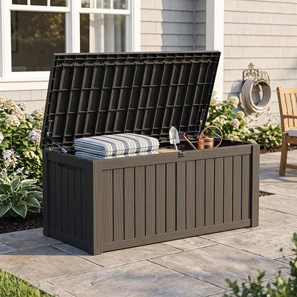 Outdoor Storage Box, 150 Gallon Waterproof Deck Box [Upgraded 3.0], Piston-Assisted Resin Trunk for Sectional Sofa Cushions, High-Capacity Lockable Double Storage Bench, Patio Lounge, Black
