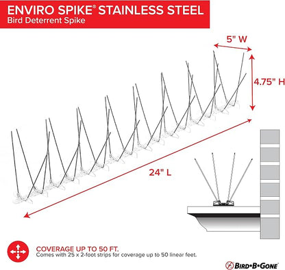 Bird B Gone - Pre-Assembled EnviroSpike Stainless Steel Anti Bird Spikes (50') - UV-Stabilized Polycarbonate Base - Humane Deterrent - Stops Pigeons & Birds from Roosting On Rooftops, Ledges, Fences