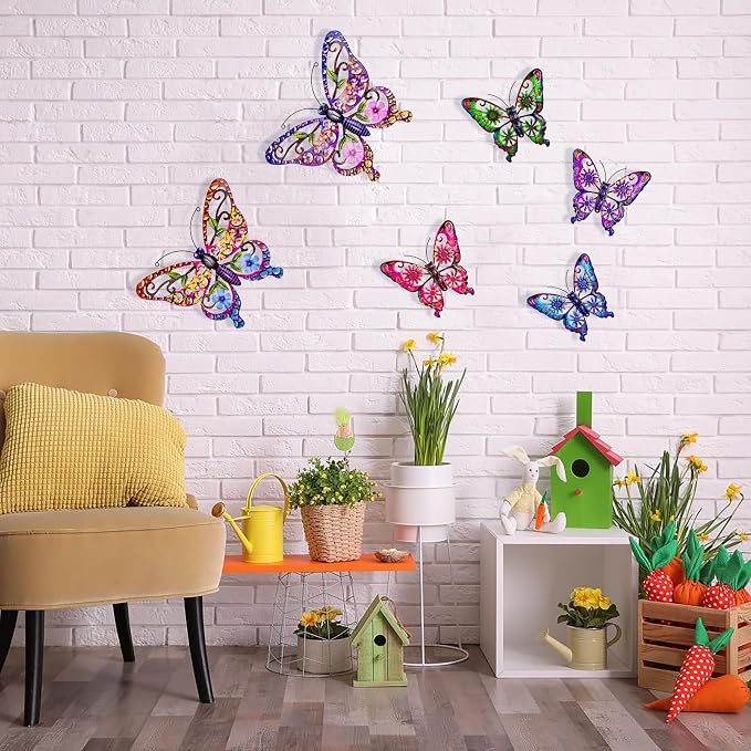 SUNREEK 6Pcs Metal Butterfly Wall Decor, 14Inch/9Inch Outdoor Butterfly Wall Art for Fence Garden Yard Room Patio Balcony Decorations