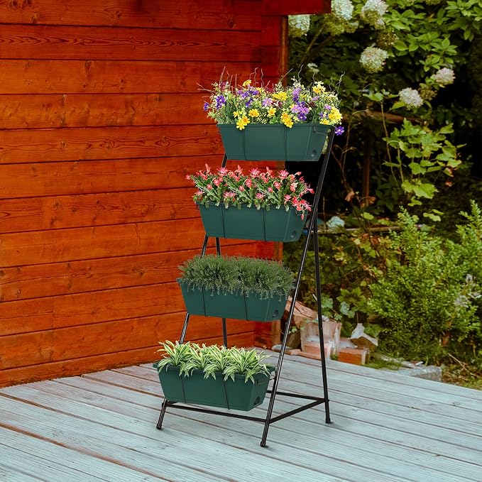 Vertical Raised Garden Bed 4 Tier Garden Planter for Outdoor Plants Standing Garden Planters with Drainage Holes Removable Tray for Herbs Flowers Vegetables Plants (Green)