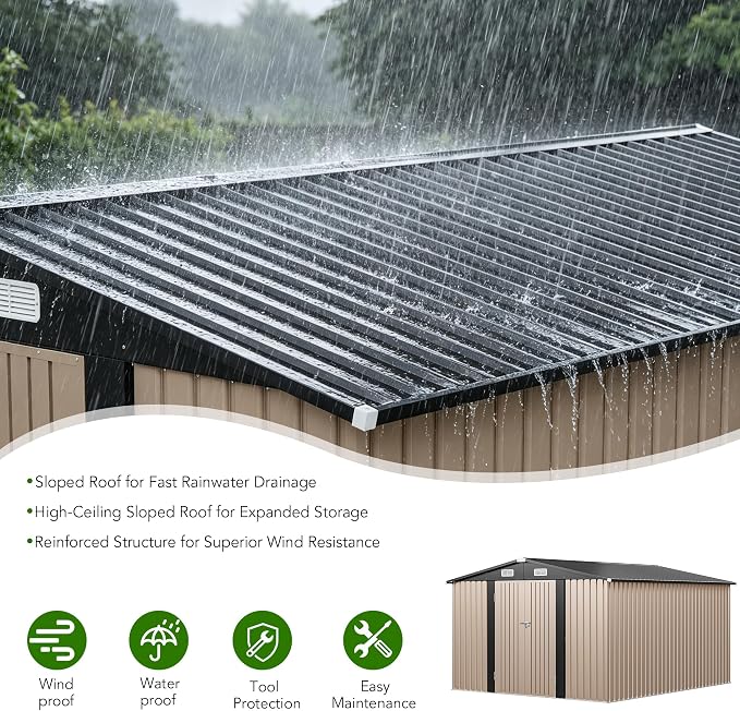 MXV 12 x 10FT Outdoor Storage Shed, Metal Garden Shed with Windows, Double Lockable Doors & Sloped Roof, Waterproof Tool Sheds for Backyard Garden Patio Lawn, Brown