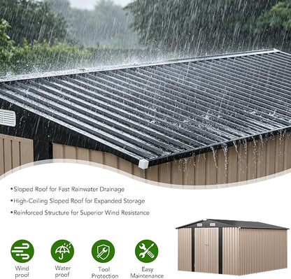 MXV 12 x 10FT Outdoor Storage Shed, Metal Garden Shed with Windows, Double Lockable Doors & Sloped Roof, Waterproof Tool Sheds for Backyard Garden Patio Lawn, Brown