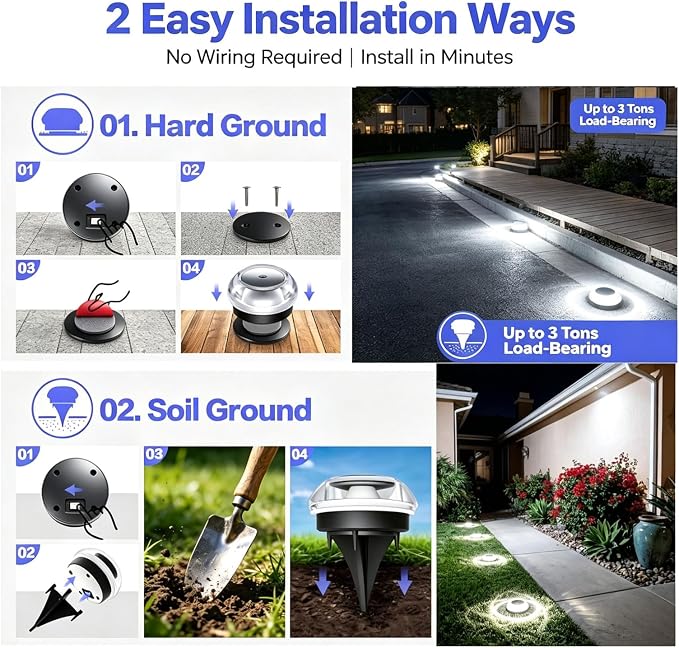 Solar Driveway Lights 8 Pack, Solar Deck Lights Outdoor IP67 Waterproof, 6000K Cool White Solar Ground Lights Landscape Path Lighting for Step Sidewalk Stair Garden Ground Pathway Yard