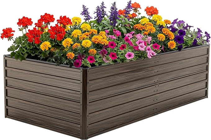 Galvanized Raised Garden Beds, 8x4x2FT Outdoor Planter Boxes with Safety Edging and Gloves, Rustic Country Style Metal Garden Bed Kit for Vegetables Flower and Fruits (Brown Wood Grain