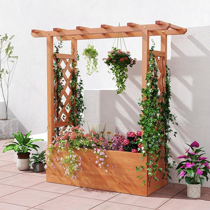 HAPPYGRILL Raised Garden Bed with Trellis, Wooden Elevated Planter Box w/Hanging Roof, Drainage Holes & Removable Bottom Panels for Climbing Vine Flower, Indoor Outdoor Wood Planter for Yard Patio