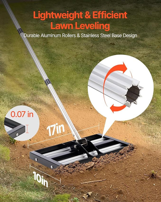 VEVOR Updated Lawn Leveling Rake with Roller, 17'' x 10" Stainless Steel Lawn Leveler with 63.4'' Adjustable Handle, Heavy Duty Yard Leveling Rake, Effort Saving Lawn Leveling Tool for Yard Golf Court