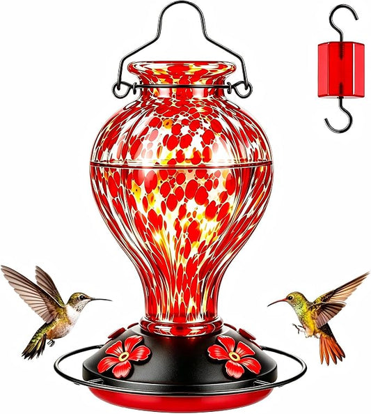 Hand Blown Glass Hummingbird Feeders for Outdoors Hanging, 24oz Wild Bird Nectar Feeder with Ant Moat and Perch, Bee-Resistant Ports, Garden Decor, Gifts for Women Mom, 1 Pack, Red Polka Dots
