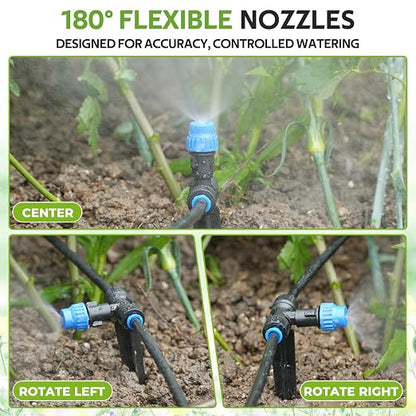 HIRALIY 59FT Drip Irrigation Kit with Water Timer, Quick-Connect Garden Watering System with 15 Adjustable Misting Nozzles, 1/4 in Tubing for Greenhouse, Hanging Plants & Raised Beds