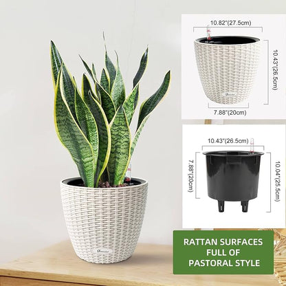 Dexceder 11x10 Self Watering Planter (Ivory White Rattan) | Inner Pot Design, Thickened Table Flower Plant Pot with Water Level Indicator Indoor Outdoor