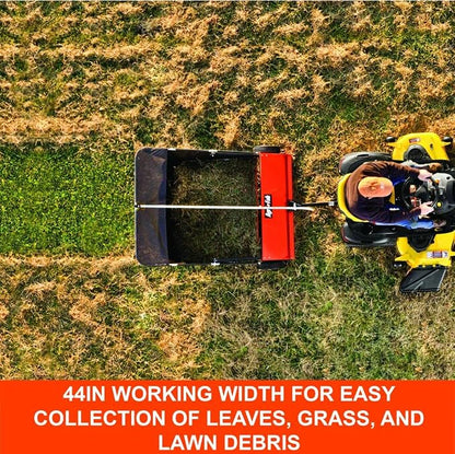 Agri-Fab 44 In Tow-Behind Lawn Sweeper with 28 Cu Ft Flow-Through Hopper Bag, Adjustable Brush Height, and Dump From Seat Handle