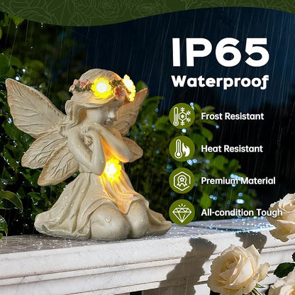 Solar Angel Garden Statue Outdoor Decor for Mother's Day, Fairy Figurine with Garland Flower Light, Cemetery Decoration for Grave, Yard, Patio, House Warming Birthday Gifts for Women, Mom