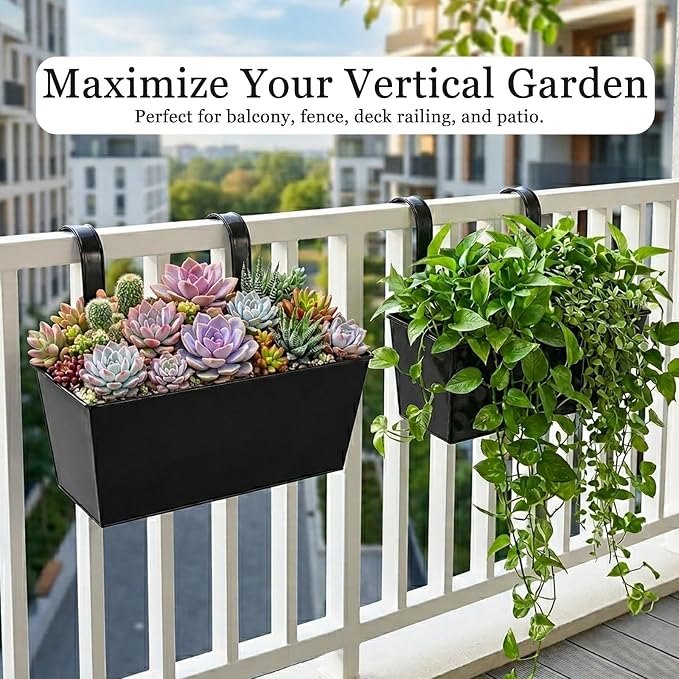 12" Balcony Railing Planters, Outdoor Hanging Planter for Fence, Stylish Metal Porch Deck Flower Pot for Herbs & Succulents (Rectangular-Black, Pack of 2)