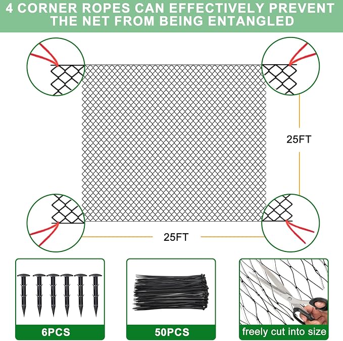 BSTPCOO 25'x25' Bird Netting for Chicken Coop, Nylon 3/4" Mesh Poultry Netting Chicken Net Roof Hawk, Aviary Net Deer Fence Pests Trellis Garden Nettings for Fruits Trees Plant