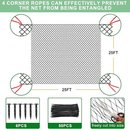 BSTPCOO 25'x25' Bird Netting for Chicken Coop, Nylon 3/4" Mesh Poultry Netting Chicken Net Roof Hawk, Aviary Net Deer Fence Pests Trellis Garden Nettings for Fruits Trees Plant