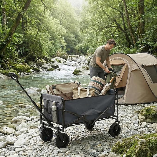 OLIXIS Collapsible Wagon 102L Standard Heavy Duty Utility Folding Wagon Cart with Lockable Brake Wheels – 330 lbs Weight Capacity, Flexible Handle for Beach, Grocery, Camping, Sports & Garden, Gray