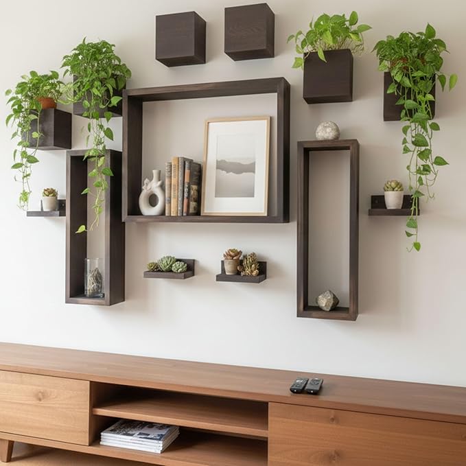 LaLaGreen Wooden Floating Shelves (13-Piece Set) Indoor Wall Mounted Plants | Planter Boxes for Indoor Plants, Decorative Wood Display Shadow Box Kitchen, Bathroom, Bedroom, Living Room, and Home Decor