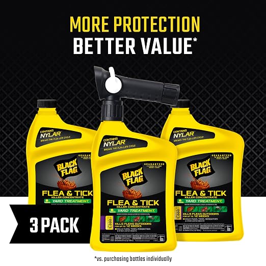 Black Flag Flea and Tick Killer Concentrate Yard Treatment, 32 Ounces, Ready to Spray, Quickflip Hose End Sprayer, 3 Pack
