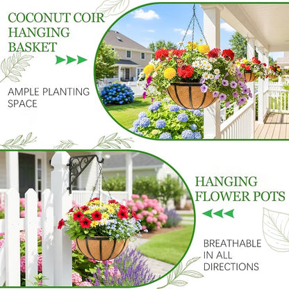 Hanging Planters for Outdoor Plants 4 Pack 12 inch Metal Hanging Flower Basket with Coco Coir Liner Wire Plant Holder Watering Flower Baskets Pot Hanger Garden Decoration for Indoor Outdoor(DQL)