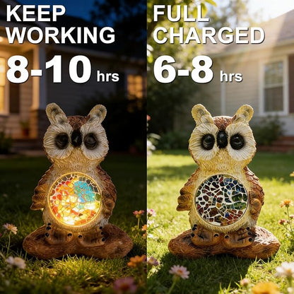 Solar Owl Garden Statues Decor for Outdoor, Brown Yoga Owl Figurine Lights for Lawn Patio Yard Decoration - Unique Christmas Housewarming Gift for Grandma Wowen Mom