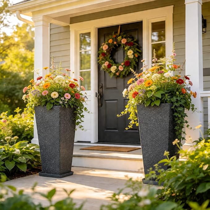 Autodaya 28" Oversized Black Terrazzo-Look PP Tall Planters Set of 2 | Lightweight PP Pots With Drainage Hole for Indoor and Outdoor Plants, Patio, Garden, Porch, Living Room, or Gifting