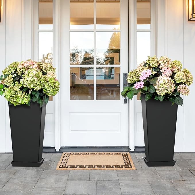 TUYOHW 24-Inch Tall Planters for Outdoor Plants, Set of 2, Black | Square tapered plastic planters with drainage trays for front porch, patio, entryway, backyard, or indoor plants