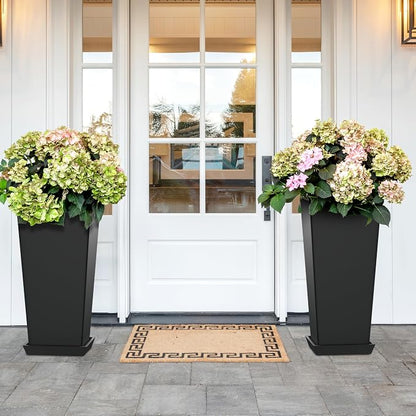 TUYOHW 24-Inch Tall Planters for Outdoor Plants, Set of 2, Black | Square tapered plastic planters with drainage trays for front porch, patio, entryway, backyard, or indoor plants