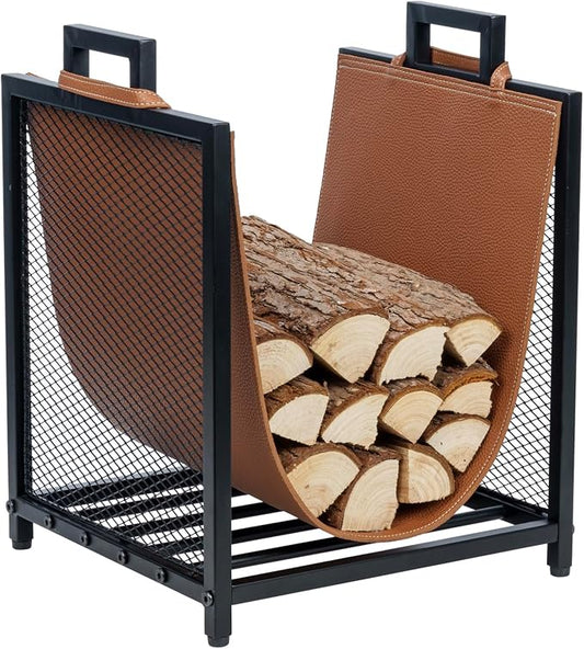 MyGift Modern Black Metal Firewood Stand Log Holder with Brown Leatherette Wood Sling, Wire Mesh Design and Top Carrying Handles, Compact Kindling Storage Rack