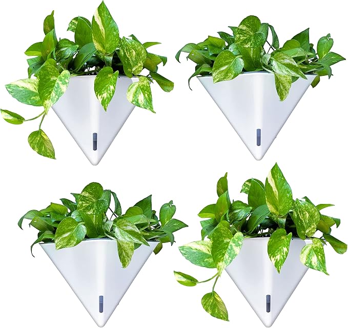 LaLaGreen Wall Planters for Indoor Plants (12in, 4 Pack) Hanging Planter | Large Self Watering White Geometric Flower Vessel with Metal Hanger, Modern Stylish Wall Mounted Succulent Pot Holder Décor