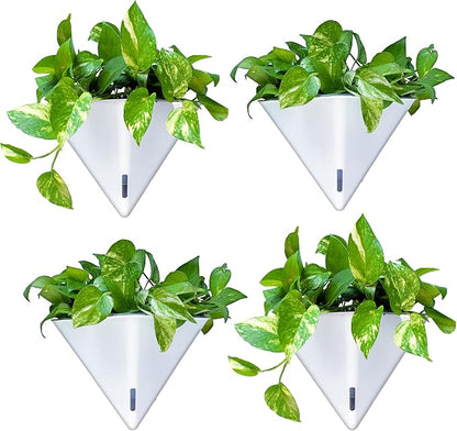 LaLaGreen Wall Planters for Indoor Plants (12in, 4 Pack) Hanging Planter | Large Self Watering White Geometric Flower Vessel with Metal Hanger, Modern Stylish Wall Mounted Succulent Pot Holder Décor