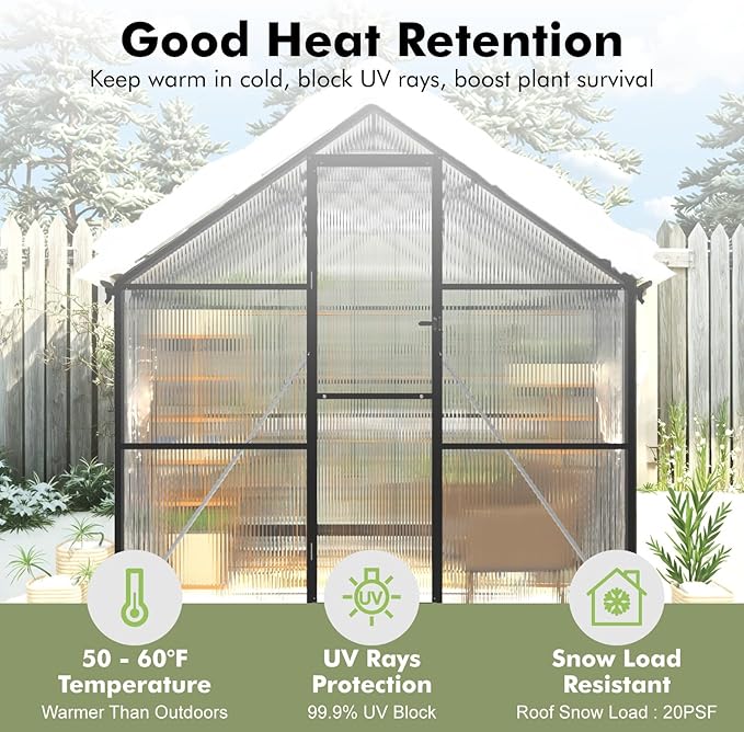 10X12FT Enhanced Aluminum Large Greenhouse for Outdoors with Thermometers | Easy Assembly, UV-Resistant Panel, Rain Gutter, Lockable Sliding Door, Built-in Reinforcement, For Vegetable, Flower and Herb