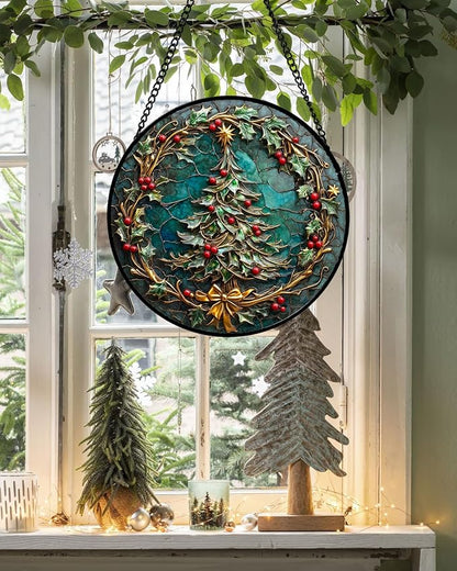 DASTOLL Stained Glass Window Hangings - Red Gold Green Wreath Suncatcher for Door Home Christmas Tree Decoration Sun Catcher Thanksgiving New Year Birthday Gift for Women Men Mom Grandma 11.8 in