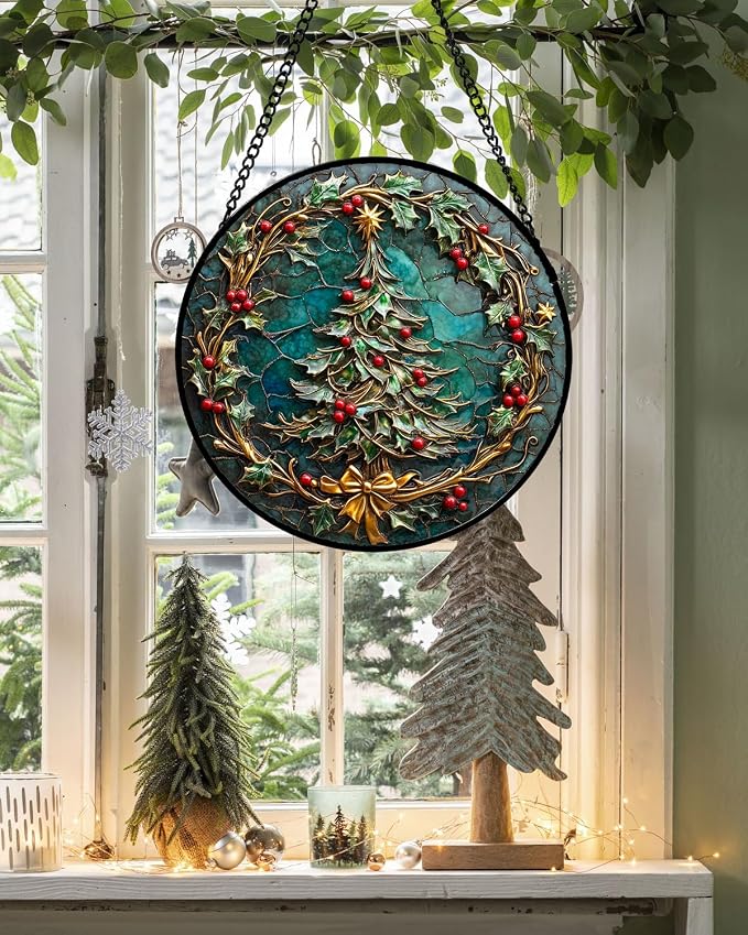 DASTOLL Stained Glass Window Hangings - Red Gold Green Wreath Suncatcher for Door Home Christmas Tree Decoration Sun Catcher Thanksgiving New Year Birthday Gift for Women Men Mom Grandma 7.8 in