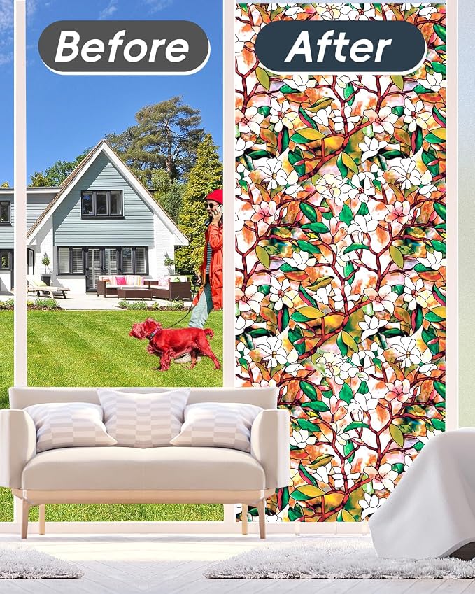Stained Glass Privacy Film Decorative With Free Tools, Magnolia Window Film for Home, Frosted Tint, Covers Cling, 17.5 Inch by 157.4 Inch