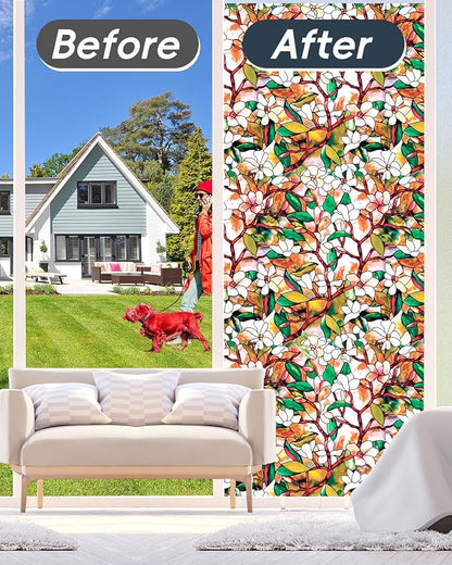 Stained Glass Privacy Film Decorative With Free Tools, Magnolia Window Film for Home, Frosted Tint, Covers Cling, 17.5 Inch by 157.4 Inch