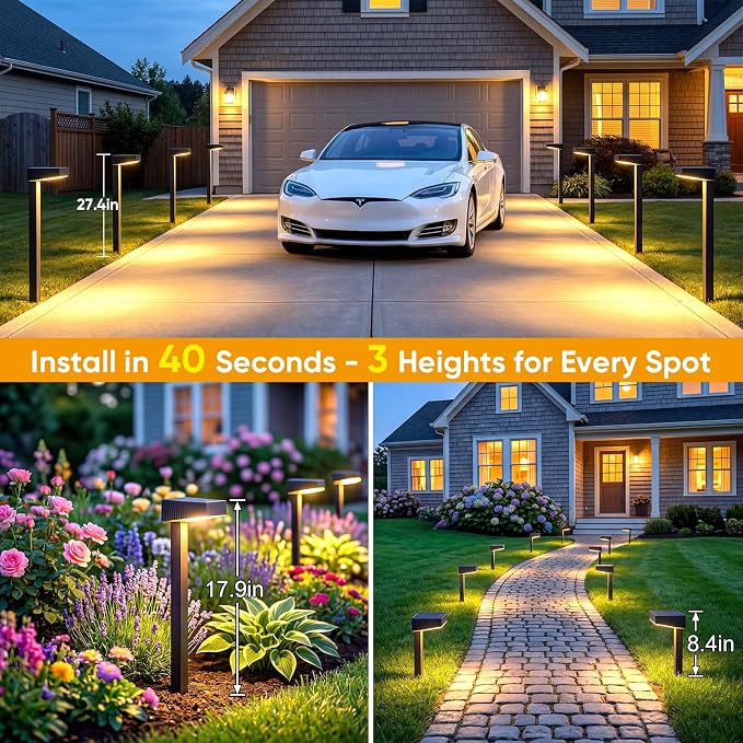 Solar Pathway Lights Outdoor: 2 Pack 80LM Bright Walkway Lighting | 27.4-in Max Height with 3 Adjustable Levels - IP65 Waterproof 12H Lasting - 2700K Warm White 2 Modes Garden Driveway Clearly