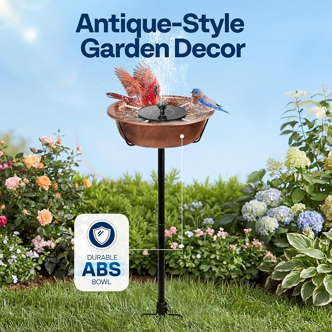 VIVOHOME Bird Bath with Solar Fountain for Outside, Weather-Resistant ABS Birdbath Bowl with Solar Powered Pump, Metal Ground Stake for Outdoor, Garden, 1.45 Gallons, Bronze
