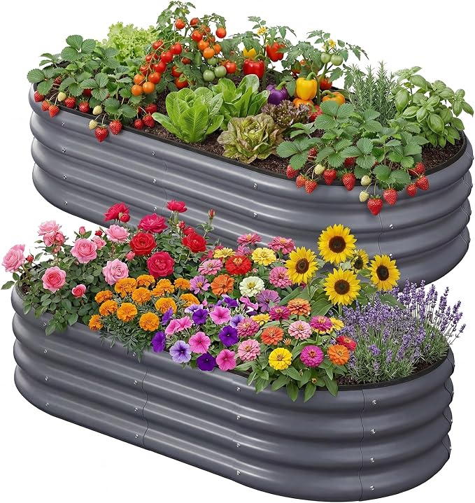 2PCS 4x2x1 FT Oval Metal Raised Garden Bed Kit, Open Bottom Design Elevated Garden Planter Box Outdoor, Trough Planter for Outdoor Plants, Flower, Vegetables, Fruit, Herbs (Dark Gray)