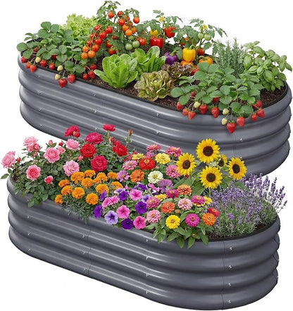 2PCS 4x2x1 FT Oval Metal Raised Garden Bed Kit, Open Bottom Design Elevated Garden Planter Box Outdoor, Trough Planter for Outdoor Plants, Flower, Vegetables, Fruit, Herbs (Dark Gray)