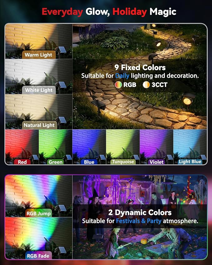 Focusing Solar Spot Lights Outdoor Waterproof, RGB+3CCT Tree Uplights 8Pack | Multicolor Focused Lens Spotlight, Dusk-to-dawn Light, Stake or Wall Mounting for Yard Landscape Garden Path Halloween Decor