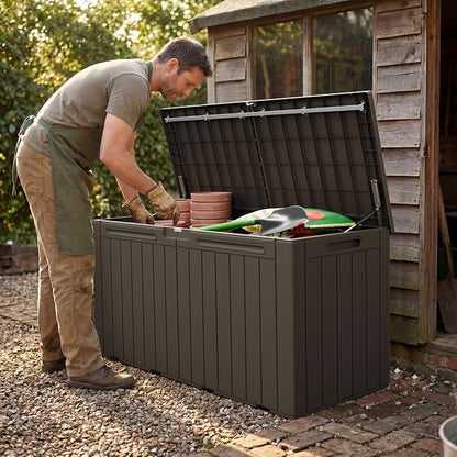 Greesum 110 Gallon Outdoor Storage Box with Lockable Lid, All-Weather Solution for Patio Furniture, Pool Supplies & Garden Tools, Waterproof, UV-Resistant Large Deck Box, Brown