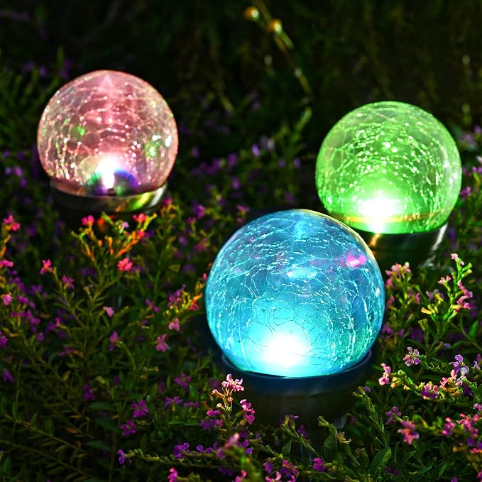 Solar Pathway Lights 3 Pack, Color Changing Globe Lights for Garden Decor | Cracked Glass Ball Outdoor Lights Solar Powered, Colored Solar Lights Outdoor Decorative Waterproof