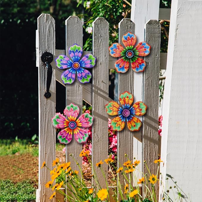 Giyyomtr Metal Flowers Wall Decor - 4pcs Metal Wall Art Hanging Decorations for Outdoor Fence Garden Yard Patio Decor