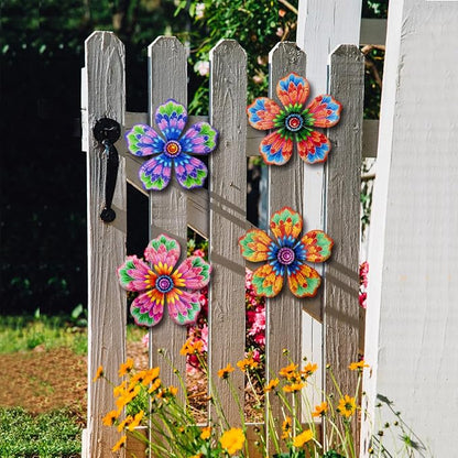 Giyyomtr Metal Flowers Wall Decor - 4pcs Metal Wall Art Hanging Decorations for Outdoor Fence Garden Yard Patio Decor