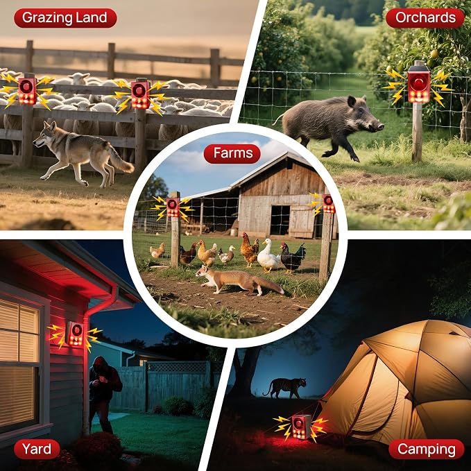 Solar Outdoor Motion Sensor Alarm, Dog Barking&Gunshot Sound,130db Loud Noise Maker,Support Recording,13 Kinds of Sound and Strobe Light to Deter Raccoons, Deer, Skunks, Bears, and Coyotes (2 Pack)