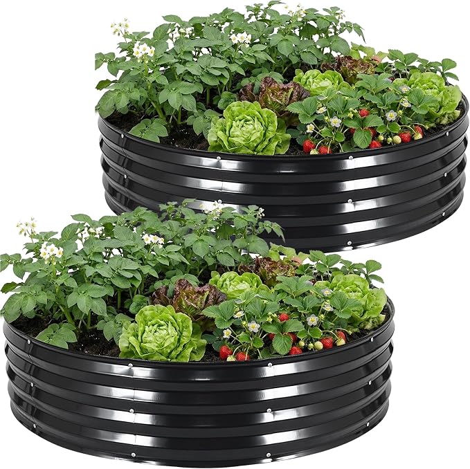2 Pcs 4x4x1ft Round Galvanized Raised Garden Bed Outdoor, Metal Planter Box for Gardening, Raised Garden Beds for Vegetables Flowers Herbs - Grey