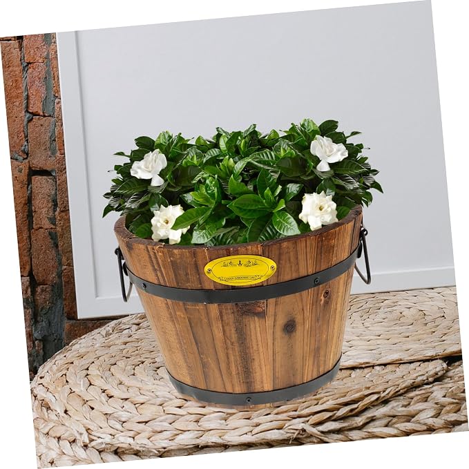 DOITOOL Wooden Barrel Planter 10.2 Inch Round Whiskey Barrel Flower Pot Rustic Wooden Flower Bucket with Handle for Indoor Outdoor Garden Balcony
