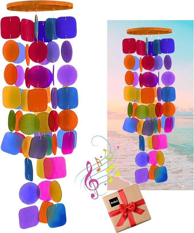 Bellaa Handmade Wind Chimes Outdoor, Musical, Garden Decorations, Beach, Ocean, Breeze, Gifts for Mom, Outside Windchimes, 63pcs, Capiz, Shells, Sea, Glass, Wood 1 Rainbow