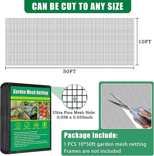 10 X 50 FT Thicker Garden Mesh Netting Pest Barrier for Raised Beds, Black Fruit Tree Netting for Cicadas, Bird Insect Blueberry Bush Strawberry Netting Cover for Garden Protection, Shading Rate 30%