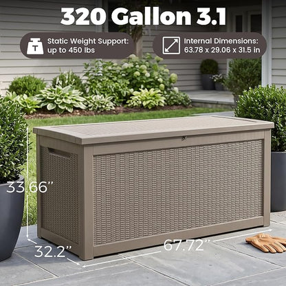 Outdoor Storage Box, 320 Gallon Waterproof Deck Box [Upgraded 3.1], Giant Resin Storage for King Cushions, Lockable Bench Chest, Estate Yard Garden BBQ Gathering, Grey